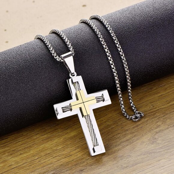 Men's 2.01 Inches Stainless Steel Cross Jesus Christ Rolo Chain Necklace - Picture 6 of 9
